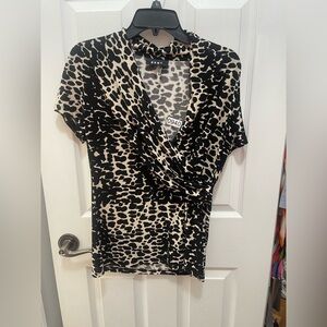 DKNY Black and Cream Leopard Print Short Sleeve Wrap Top